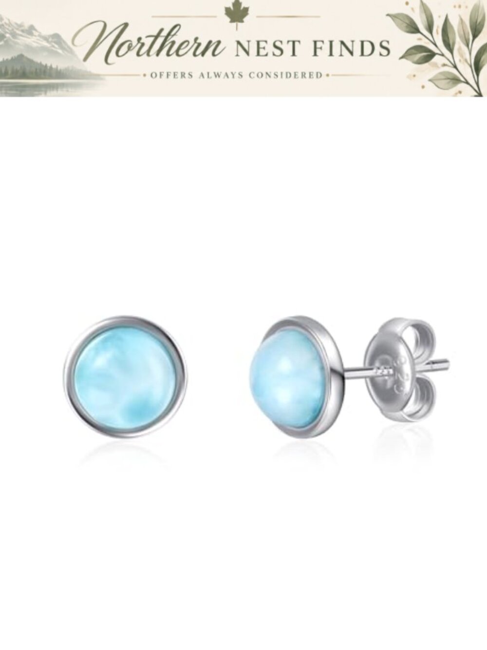 925 Sterling Silver Natural Larimar Stud Earrings Hypoallergenic 6MM